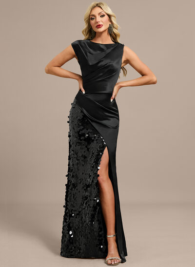 Robe de soirée fourreau col bateau longueur ras du sol satin paillette 