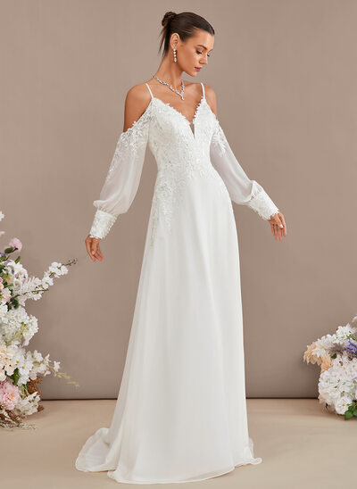 A-line Cold Shoulder Sweep Train Lace Chiffon Wedding Dress With Sequins 