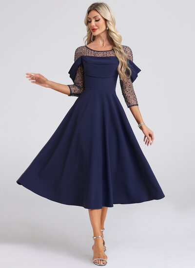 A trapezio scollo rotondo effetto illusione midi crêpe elasticizzato abito da cocktail con paillettes 