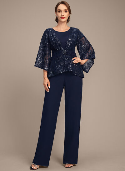 Pantsuits Separates Scoop Floor-Length Lace Chiffon Mother of the Bride Dress With Sequins 