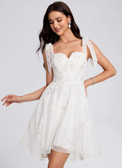 A-line V-Neck Asymmetrical Lace Homecoming Dress With Bow Sequins 