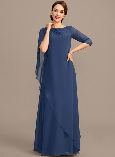 A-line Scoop Floor-Length Chiffon Mother of the Bride Dress With Pleated Beading 