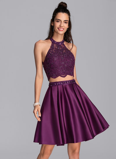 A-Line Scoop Neck Short/Mini Satin Homecoming Dress With Beading Sequins 
