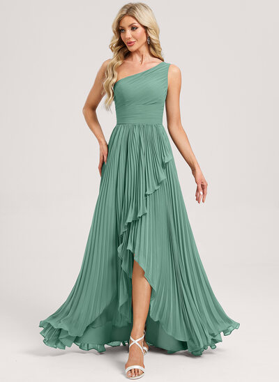 A-line One Shoulder Pleated Chiffon Dress