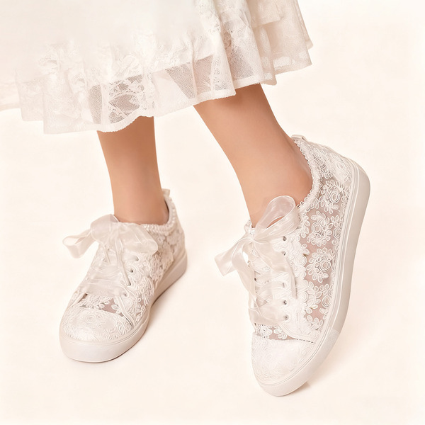 Women's Wedding Shoes Lace Satin Flat Heel Round Toe Wedding Sneakers Lace Casual Wedding Shoes 