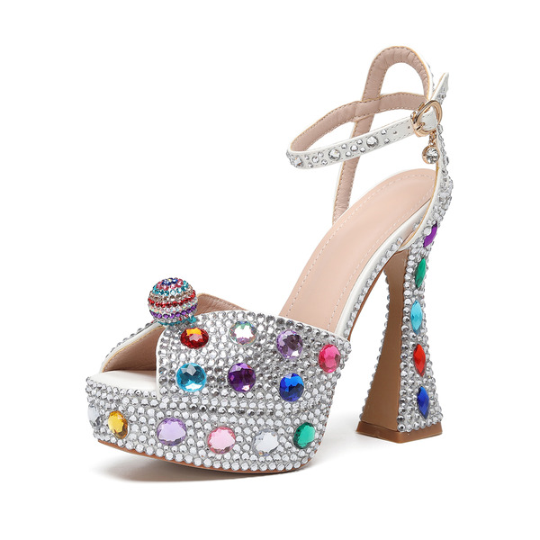 Women's Wedding Shoes Faux Leather Platform Flare Heel Peep Toe Wedding Sandals Rhinestone Sexy Party Cocktail Shoes 
