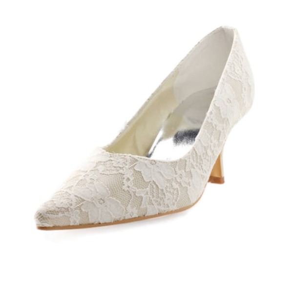 Vrouwen kant satijn spool hak closed toe pumps met stitching lace 