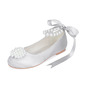 Girl's Flower Girl Shoes Wedding Pearl Ribbon Tie Satin Round Toe Flat Heel Shoes 