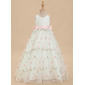 A-line V-Neck Floor-Length Satin Tulle Lace Flower Girl Dress With Bow 