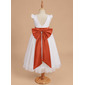 A-line Scoop Tea-Length Satin Flower Girl Dress With Beading Sash 