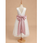 A-line Scoop Tea-Length Satin Tulle Flower Girl Dress With Beading Bow Sash 